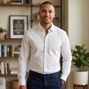 Refill New York Men's White Dress Shirt with Navy & Brown Dot 100% Cotton Size M